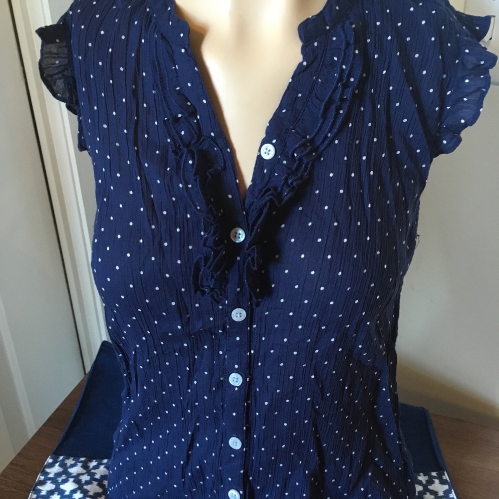 Old Navy Girls Navy Polka Dot Ruffle Button Down